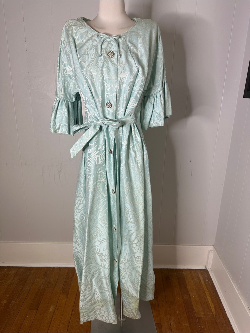 Vintage 50s Baby Blue Brocade Button Front Hostess Dress